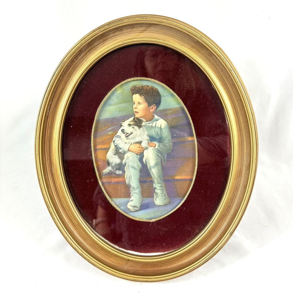 Vintage Oval Gold Tone Easel Back Frame Velvet Mat Boy & His Dog Print 12”